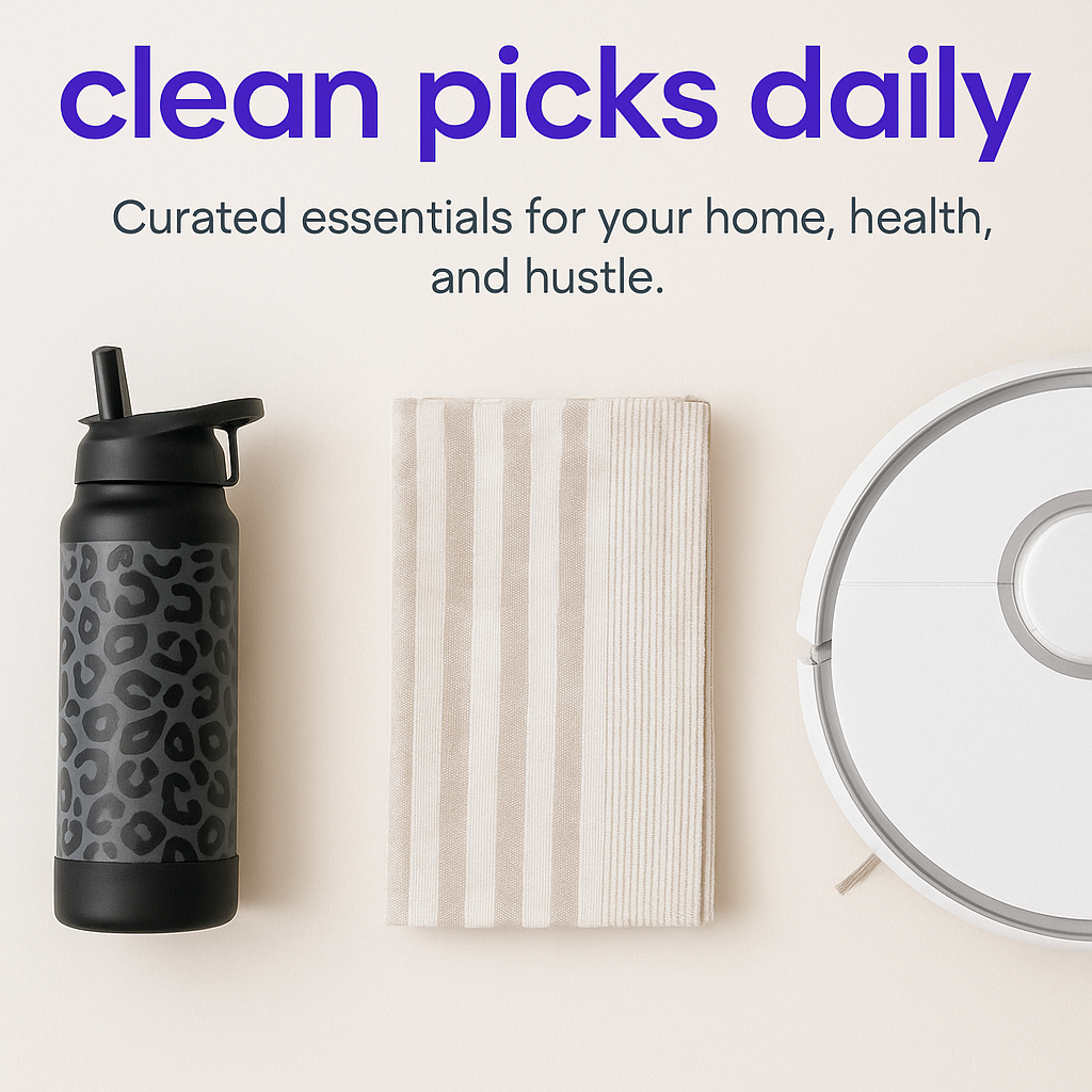Front page image Logo for “cleanpicksdaily” displayed in modern lowercase sans-serif font. The text is purple, centered on a white background, with a bold purple checkmark icon at the end. The design is minimalist and clean, evoking a curated, trustworthy brand aesthetic.